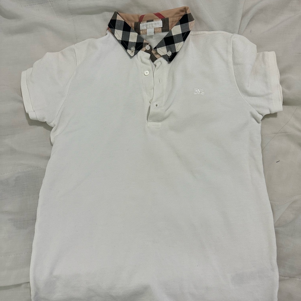 Burberry White and Tan Polo Shirt with Checkered Collar